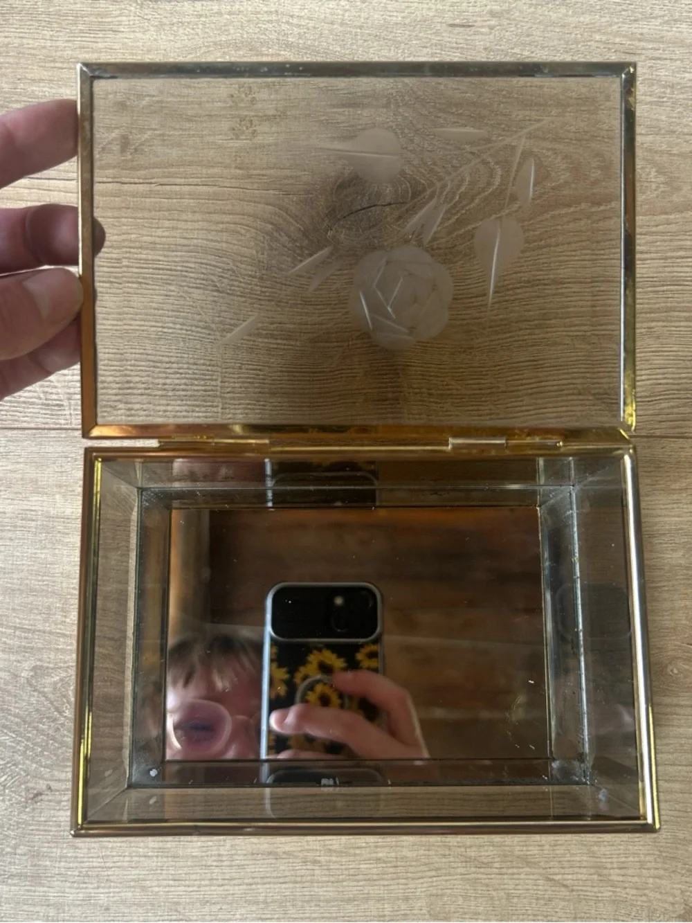 Vintage Glass‎ and Brass Mirrored Jewelry Box with Floral Etching